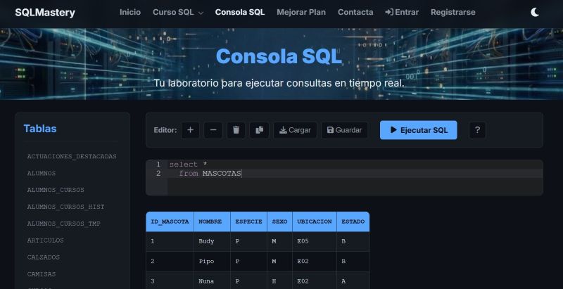 Consola SQL Online interactiva con soporte técnico asistido por IA. Ejecuta consultas en tiempo real sobre tablas del curso.